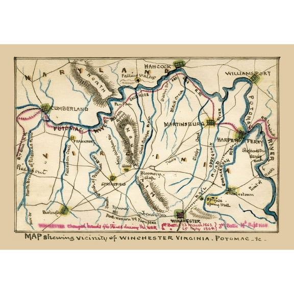 Historic City Map - Winchester Virginia - 1862 - 32.90 x 23 - Vintage Wall Art