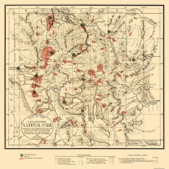 Historic City Map - Yellowstone National Park - US Interior 1881 - Vintage Wall Art