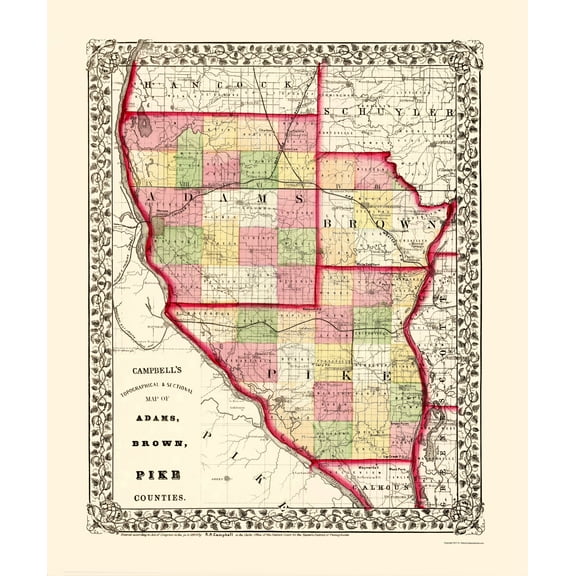 Historic County Map - Adams Brown Pike Counties Illinois - Campbell 1870 - 23 x 27.53 - Vintage Wall Art