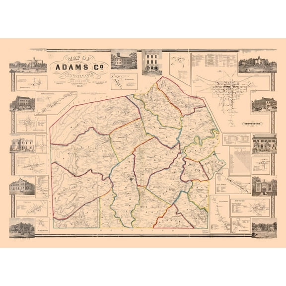 Historic County Map - Adams County Pennsylvania - Hopkins 1858 - 31.39 x 23 - Vintage Wall Art