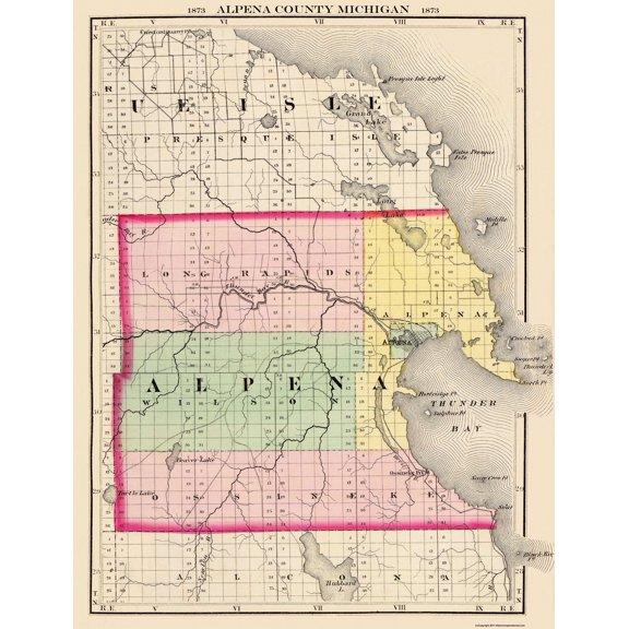 Historic County Map - Alpena County Michigan - Walling 1873 - Vintage Wall Art