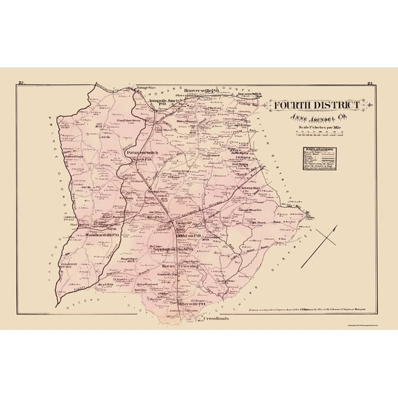 Historic County Map- Anne Arundel 4th District Maryland - Hopkins 1878 - Vintage Wall Art