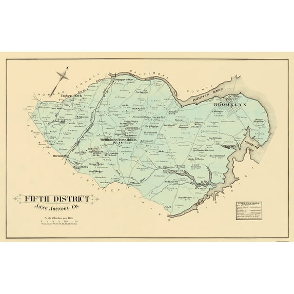 Historic County Map- Anne Arundel 5th District Maryland - Hopkins 1878 - Vintage Wall Art