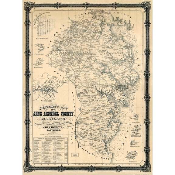 Historic County Map - Anne Arundel Counties Maryland - Wagner 1860 - Vintage Wall Art