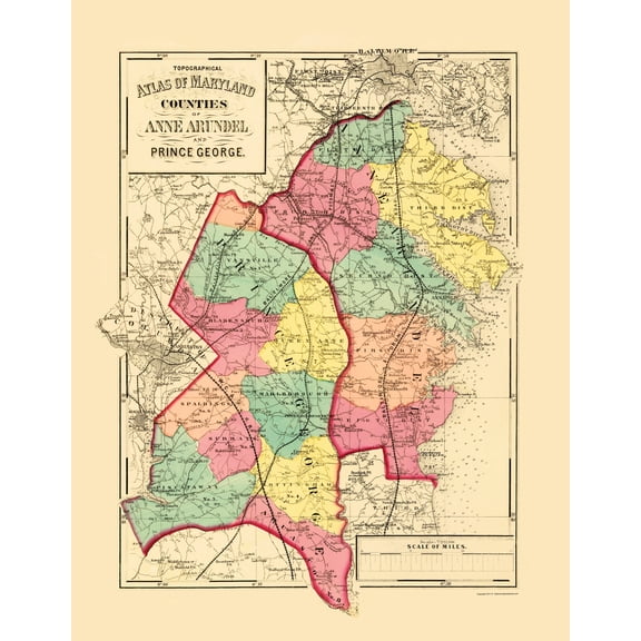 Historic County Map- Anne Arundel Prince George Maryland - Walling 1873 - Vintage Wall Art