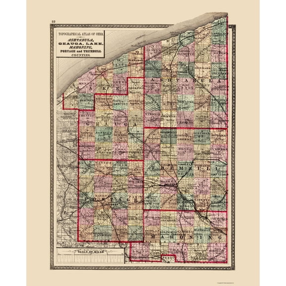 Historic County Map - Ashtabula Geauga Lake Mahoning Portage Ohio - Walling 1872