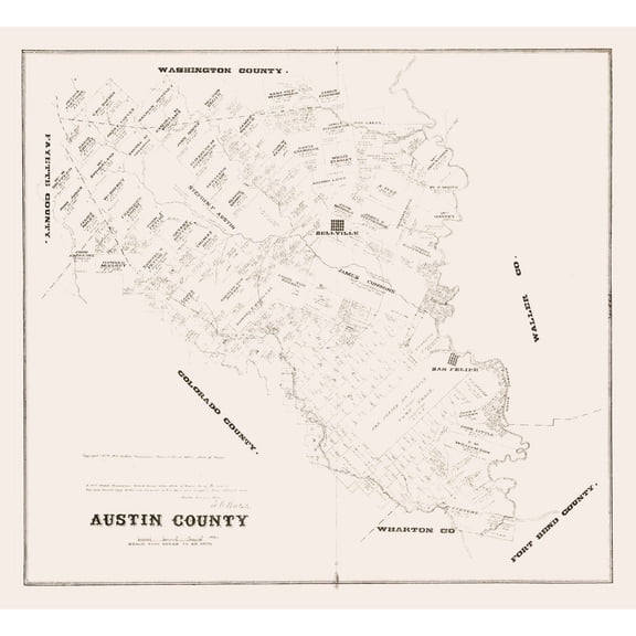 Historic County Map - Austin County Texas - Walsh 1879 - Vintage Wall Art