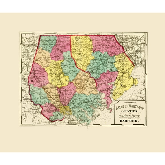 Historic County Map - Baltimore Harford Counties Maryland - Stedman 1873 - 23 x 27.13 - Vintage Wall Art