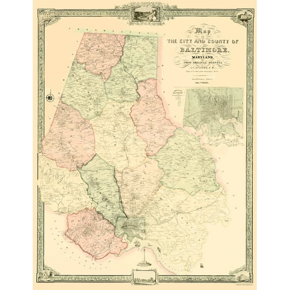 Historic County Map - Baltimore Maryland - Sidney 1850 - 23 x 29.77 - Vintage Wall Art