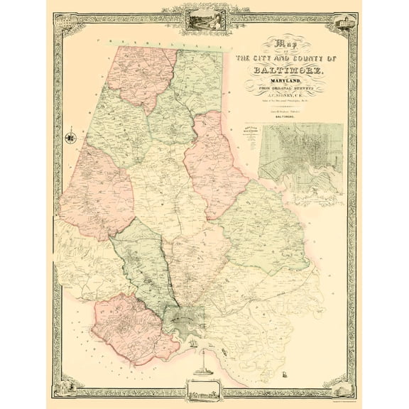 Historic County Map - Baltimore Maryland - Sidney 1850 - Vintage Wall Art