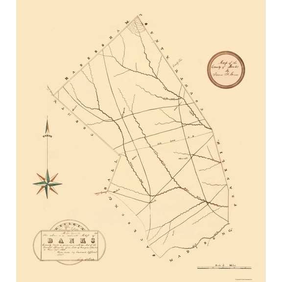 Historic County Map - Banks County Georgia - Green 1868 - 23 x 25.96 - Vintage Wall Art