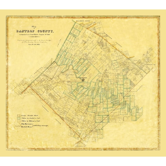 Historic County Map - Bastrop County Texas - General Land Office 1861 - 25.94 x 23 - Vintage Wall Art