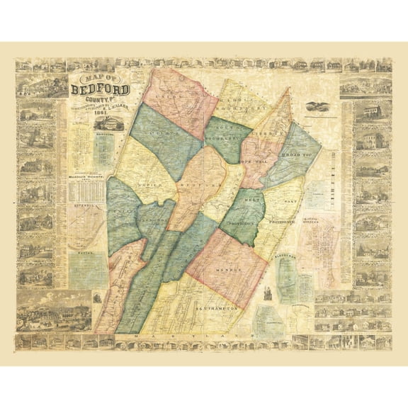 Historic County Map - Bedford County Pennsylvania - Walker 1861 - Vintage Wall Art