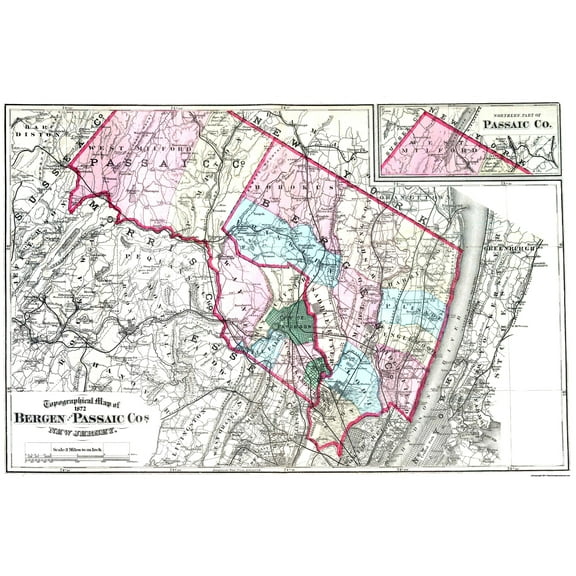 Historic County Map - Bergen Passaic Counties New Jersey - Beers 1872 - 34.56 x 23 - Vintage Wall Art