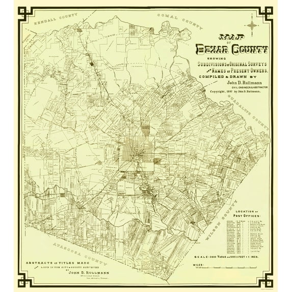 Historic County Map - Bexar County Texas - Rullmann 1897 - 23 x 25.41 - Vintage Wall Art