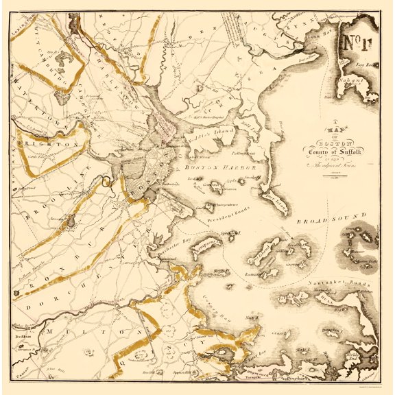 Historic County Map - Boston Suffolk County Massachusetts - Bowen 1830 - 23 x 23.23 - Vintage Wall Art