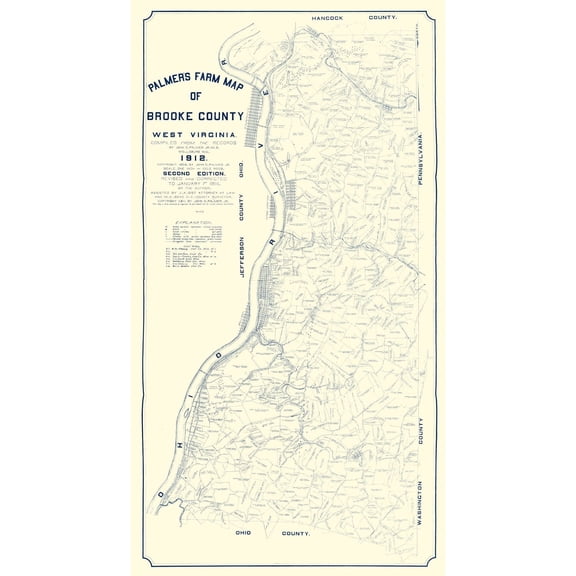 Historic County Map - Brooke County West Virginia - Palmer 1912 - 23 x 42.07 - Vintage Wall Art