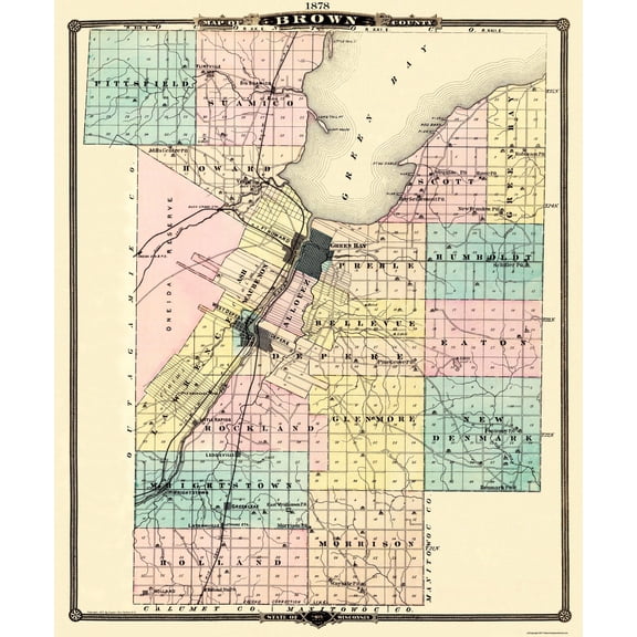Historic County Map - Brown County Wisconsin - Snyder 1878 - 23 x 27.69 - Vintage Wall Art