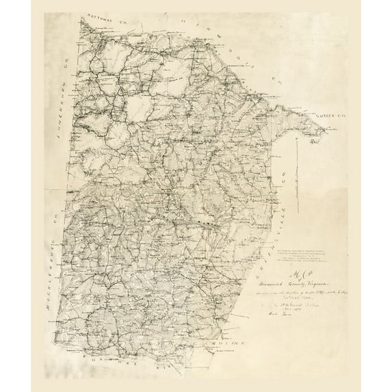 Historic County Map - Brunswick County Virginia - Graves 1864 - Vintage Wall Art