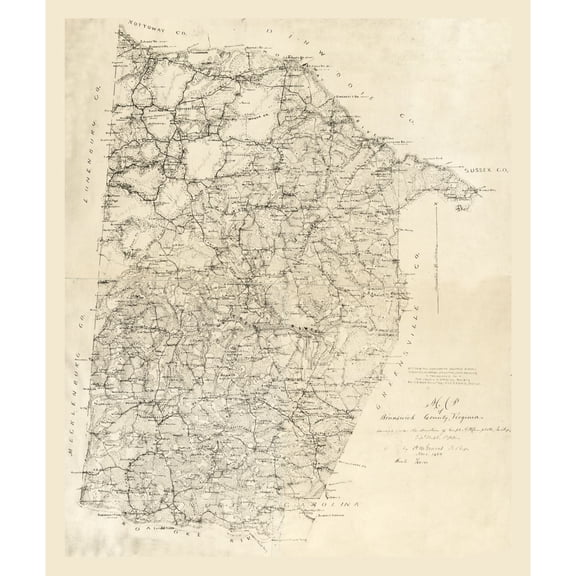 Historic County Map - Brunswick County Virginia - Graves 1864 - Vintage Wall Art