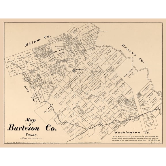Historic County Map - Burleson County Texas - Walsh 1879 - Vintage Wall Art