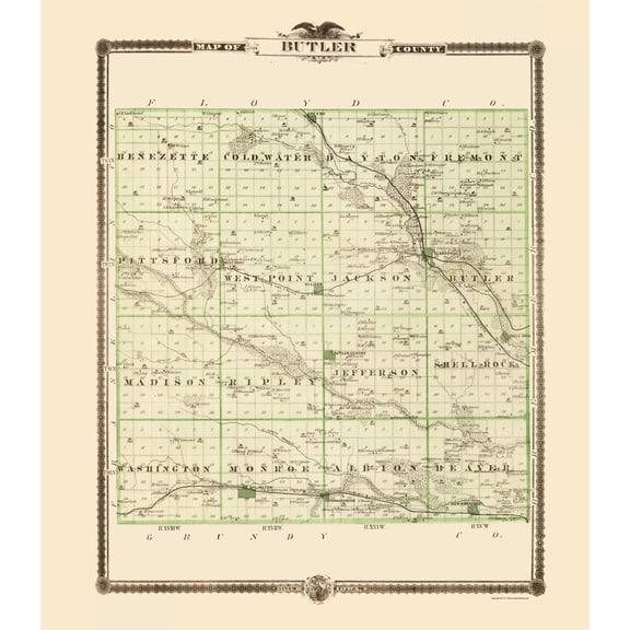 Historic County Map - Butler County Iowa - Andreas 1874 - 23 x 26.36 - Vintage Wall Art