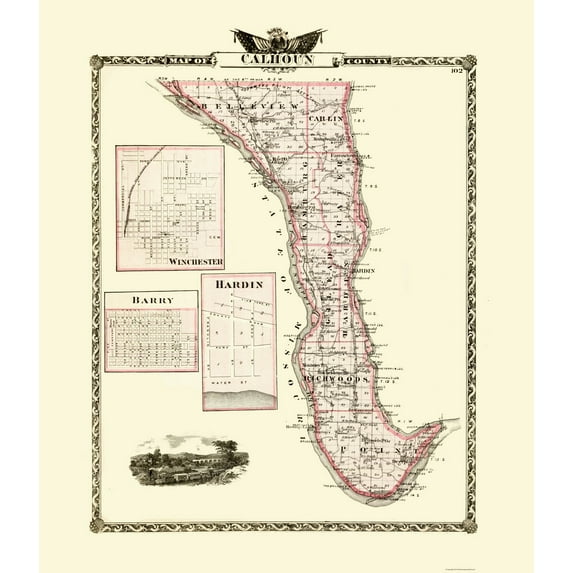 Historic County Map - Calhoun County Illinois - Warner 1876 - 23 x 26.59 - Vintage Wall Art