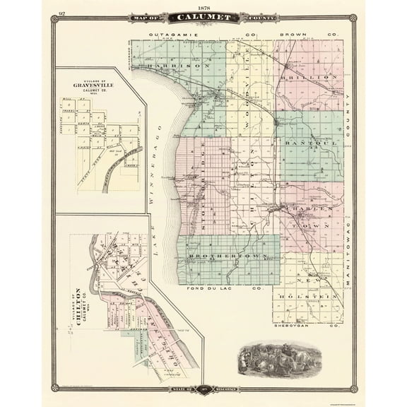 Historic County Map - Calumet County Wisconsin - Snyder 1878 - 23 x 28.88 - Vintage Wall Art