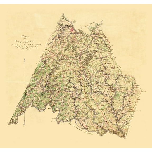 Historic County Map - Campbell County Virginia - Campbell 1860 - 24.33 x 23 - Vintage Wall Art