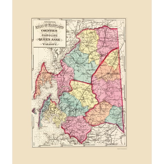 Historic County Map - Caroline Queen Anne Talbot Counties Maryland - Martenet 1873