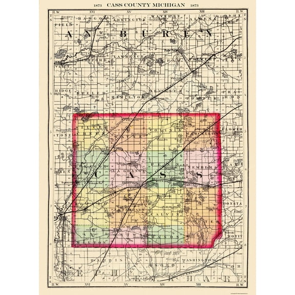 Historic County Map - Cass County Michigan - Walling 1873 - 23 x 31.19 - Vintage Wall Art