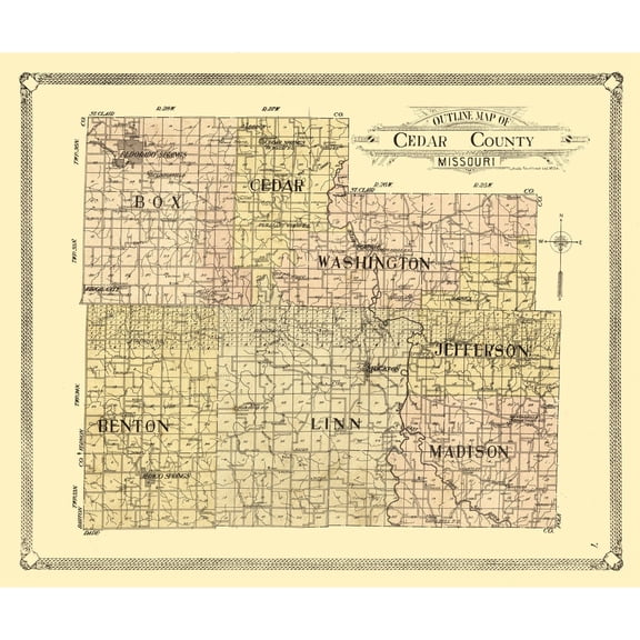 Historic County Map - Cedar County Missouri - 1908 - 27.51 x 23 - Vintage Wall Art