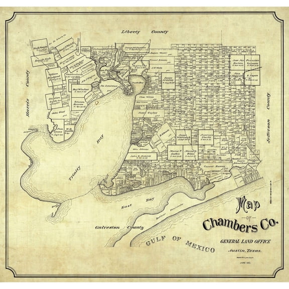 Historic County Map - Chambers County Texas - General Land Office 1901 - 24.13 x 23 - Vintage Wall Art