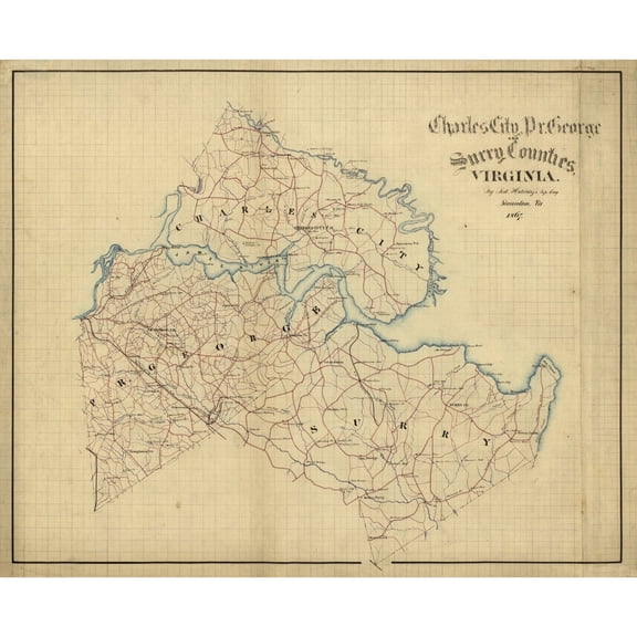 Historic County Map - Charles City County Virginia - Hotchkiss 1867 - Vintage Wall Art