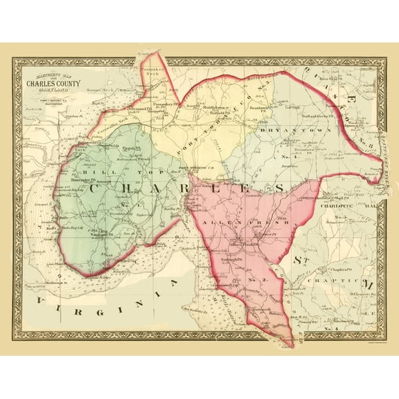 Historic County Map - Charles County Maryland - Martenet 1886 - Vintage Wall Art