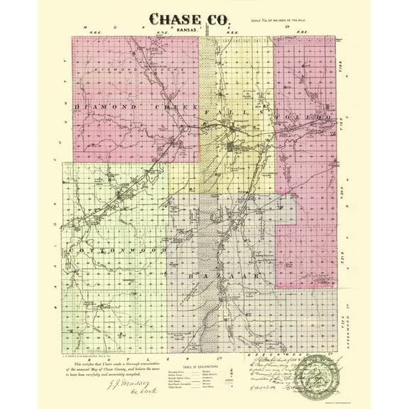 Historic County Map - Chase County Kansas - Everts 1887 - 23 x 28.25 - Vintage Wall Art