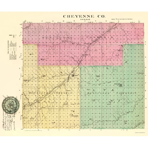 Historic County Map - Cheyenne County Kansas - Everts 1887 - 23 x 27.29 - Vintage Wall Art
