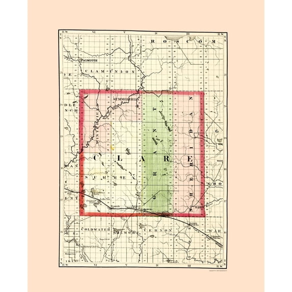 Historic County Map - Clare County Michigan - Walling 1873 - Vintage Wall Art
