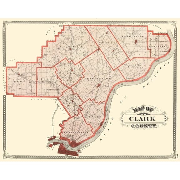 Historic County Map - Clark County Indiana - Baskin 1876 - 23 x 28.81 - Vintage Wall Art