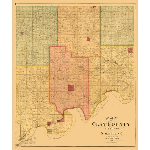 Historic County Map - Clay County Missouri - Hopkins 1887 - Vintage Wall Art