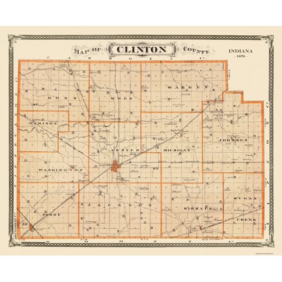 Historic County Map - Clinton County Indiana - Andreas 1876 - 28.25 x 23 - Vintage Wall Art