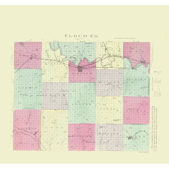 Historic County Map - Cloud County Kansas - Everts 1887 - Vintage Wall Art