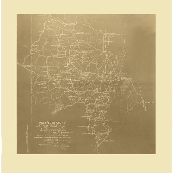 Historic County Map - Cobb County Georgia - Finegan 1864 - 23 x 23.35 - Vintage Wall Art