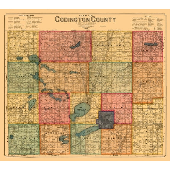 Historic County Map - Codington County South Dakota - Peterson 1898 - 25.71 x 23 - Vintage Wall Art