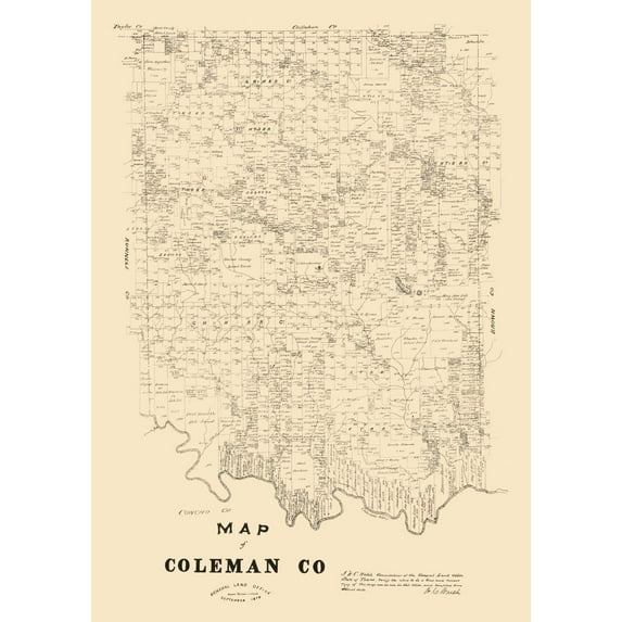 Historic County Map - Coleman County Texas - Walsh 1879 - 23 x 32.56 - Vintage Wall Art