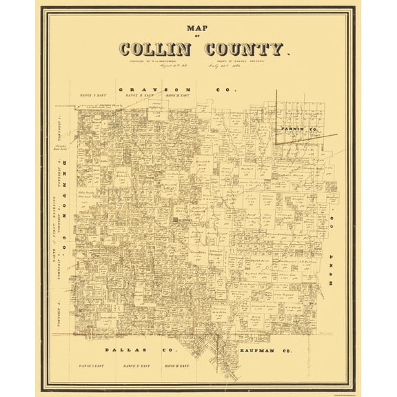 Historic County Map - Collin Texas - Rosenberg 1861 - Vintage Wall Art