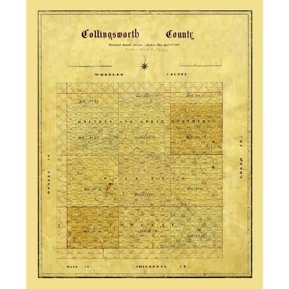 Historic County Map - Collingsworth County Texas - General Land Office 1880 - 23 x 28.09 - Vintage Wall Art