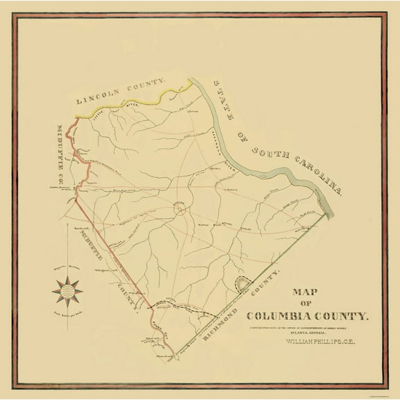 Historic County Map - Columbia County Georgia - Mc Duffie 1871 - 23 x 23.07 - Vintage Wall Art
