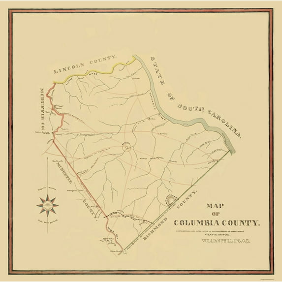 Historic County Map - Columbia County Georgia - Mc Duffie 1871 - Vintage Wall Art