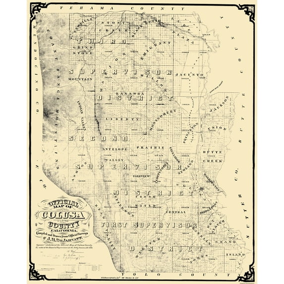 Historic County Map - Colusa County California - DeJarnett 1874 - Vintage Wall Art